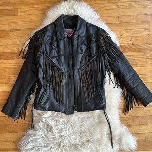 SOLD vintage 90s fringe leather moto roses floral black bomber jacket